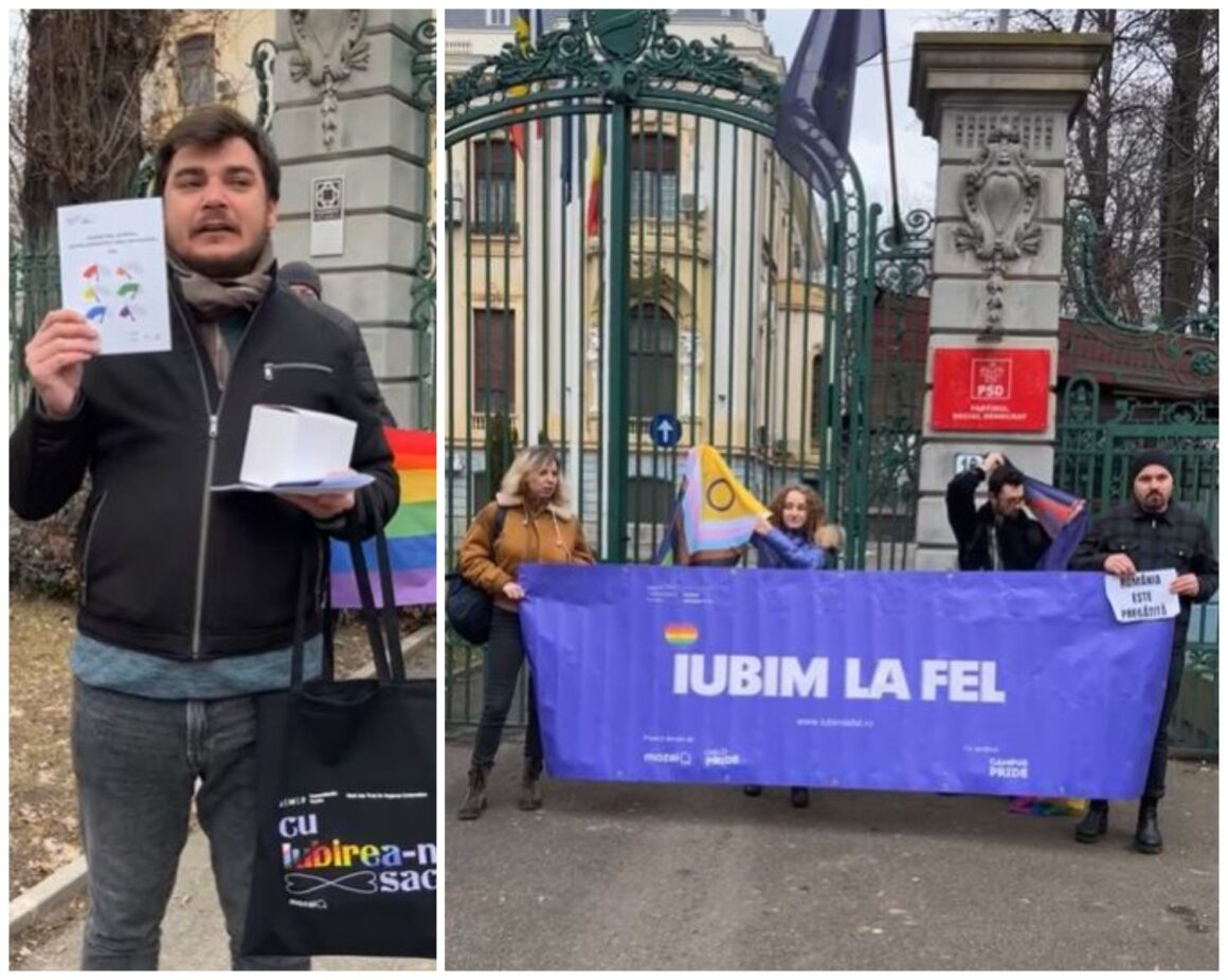 Protest LGBT+ La Sediul PSD Din București. Manifestanții Au Adus Cadouri Pentru Marcel Ciolacu | VIDEO